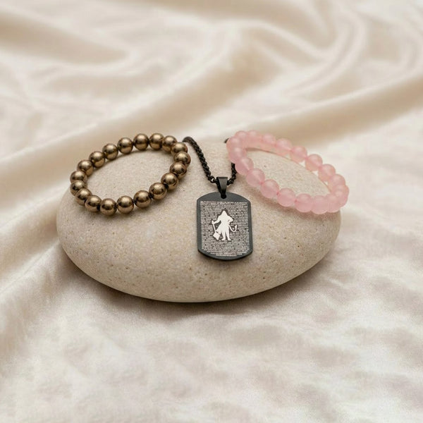 Rose Quartz & Golden Pyrite Bracelet Combo with Hanuman Chalisa Pendant