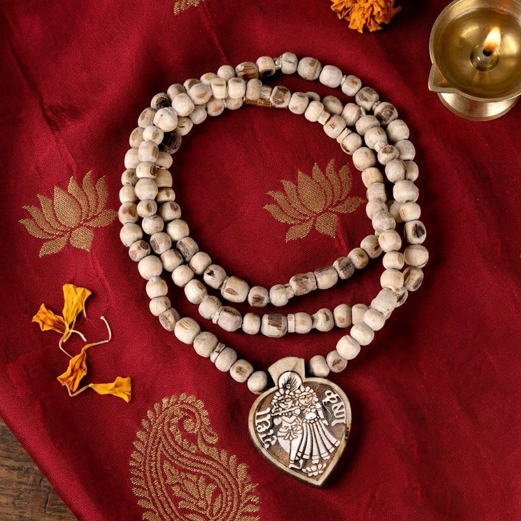 100% Original Tulsi Neck Mala with Radha Krishna Locket Charm