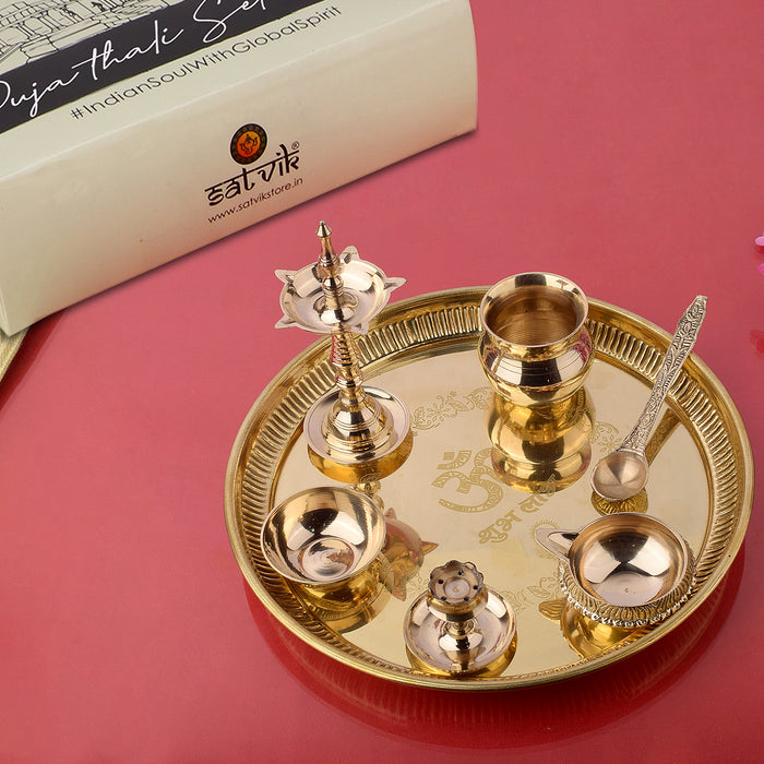 7 Piece Brass Om Shubh Labh Pooja Thali Set (9 Inch - 10 Inch) Design 5 Ideal for Diwali, Lakshmi Pooja, daily rituals, and gifting for prosperity and blessings - Satvikstore.in