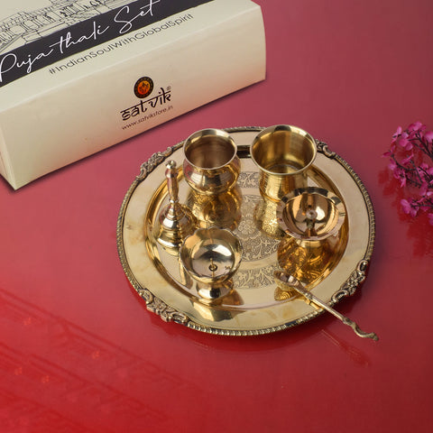 7 Piece Brass Royal Pooja Thali Set (9 Inch - 10 Inch) Design 1 Ideal for Diwali, Lakshmi Pooja, daily rituals, and gifting for prosperity and blessings - Satvikstore.in