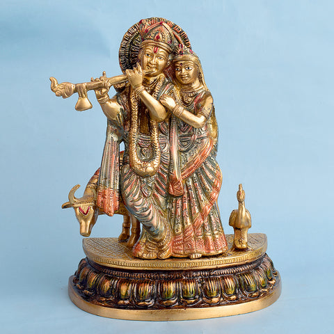 9.3 Inch Radha and Krishna with Cow Brass Statue featuring intricate detailing, perfect for spiritual home decor, temple worship, and devotional gifting. India’s Largest Brass Idols Brand - www.satvikstore.in
