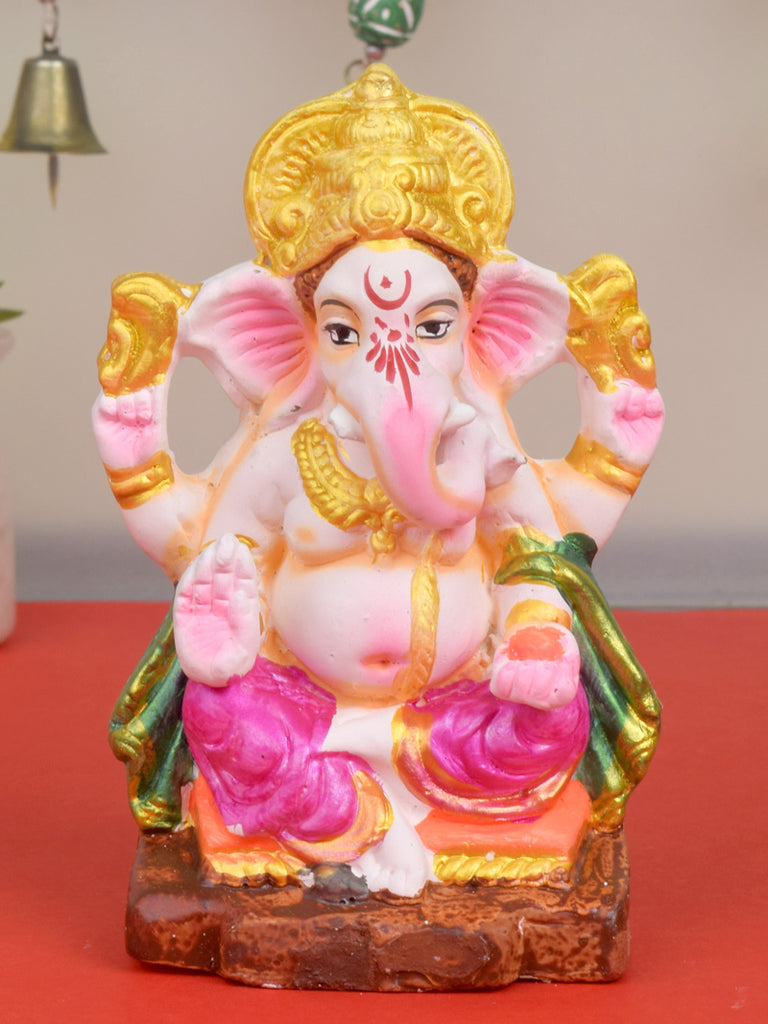 Auspicious 6-inch eco-friendly Ganesha idol made of natural clay, hand-painted with eco-safe colors, ideal for home puja and Ganesh Chaturthi celebrations. India’s Largest Pooja Accessories Brand – www.satvikstore.in