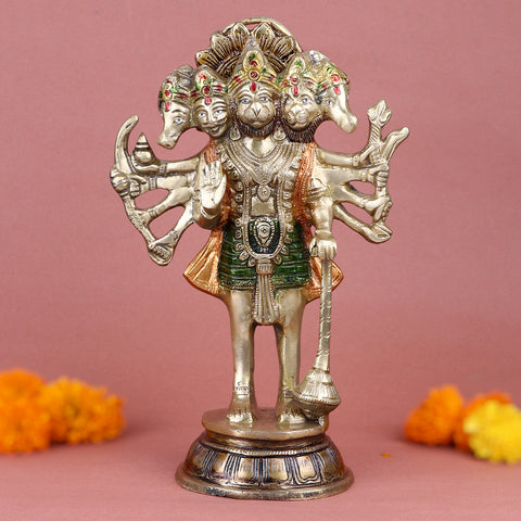 10.2-inch handcrafted brass Panchmukhi Hanuman statue in standing pose, showcasing divine power and intricate detailing for spiritual home décor. No.1 Brass Idol Store www.satvikstore.in 
