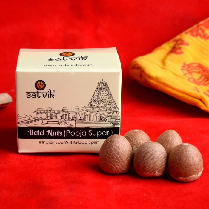 Betel Nuts (Pooja Supari) are essential in Hindu poojas and rituals, symbolizing good luck, prosperity, and positive energy. They are offered during ceremonies for blessings and are considered a sacred offering for divine favor – India’s Largest Pooja Accessories Brand – www.satvikstore.in