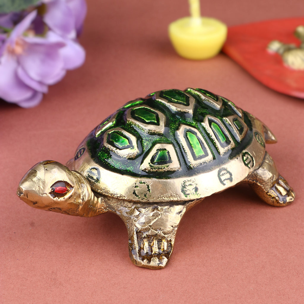 Brass Colored Turtle Small (Green) – A compact symbol of protection and prosperity, perfect for enhancing positive energy. India’s Largest Pooja Accessories Brand – www.satvikstore.in