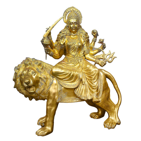 43 Inch Brass Durga Riding Lion Statue – Majestic Multi-Armed Goddess Idol with Sword & Trident, Symbol of Power and Protection for Temple or Home Decor.India's Largest Puja Accessories Brand - Satvik No. 1 Brass Idol Collection 

