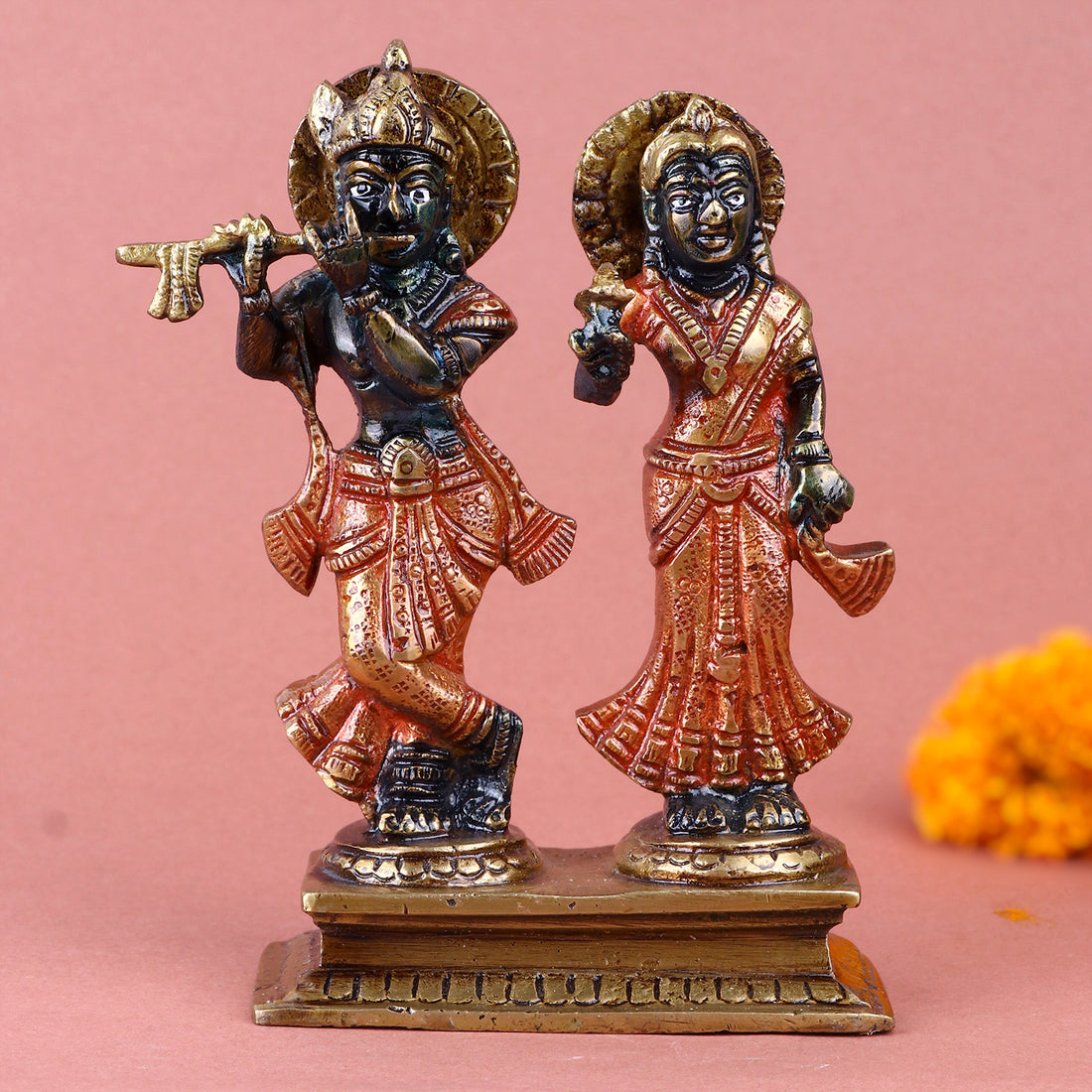 5.9 Inch Brass Radha Krishna Idol intricately crafted, capturing the divine love of Radha and Krishna in fine brass—perfect for worship, spiritual decor, and gifting. No.1 Brass Idol Store www.satvikstore.in 