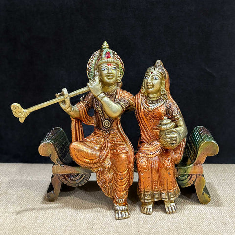 4.7 Inch Graceful Sitting Radha Krishna on Bench – Handcrafted Brass Spiritual Masterpiece for Love, Devotion, and Home Decor. No.1 Brass Idol Store www.satvikstore.in  