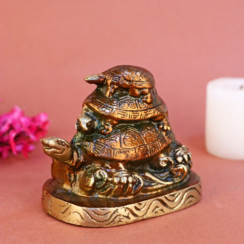 3.5 Inch Brass Three Tortoises Stacked Together Statue, symbolizing longevity, stability, and protection – perfect for home décor, Vastu purposes, and spiritual gifting. No.1 Brass Idol Store www.satvikstore.in 