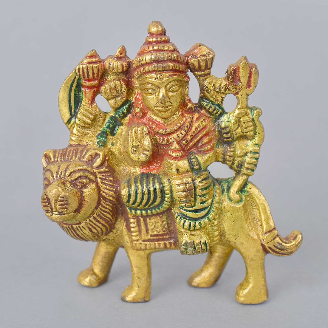 2.6 Inch Vibrant Sherawali Mata Idol – Compact Brass Statue for Car Dashboard, Home Temple, or Festive Decor. No.1 Brass Idol Store www.satvikstore.in 