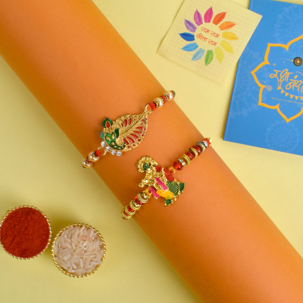 Set of 2 Traditional Rakhis for Brothers with Roli Chawal and Ram Sita Stickers – Raksha Bandhan Gift Pack. India’s Largest Pooja Accessories Brand - www.satvikstore.in