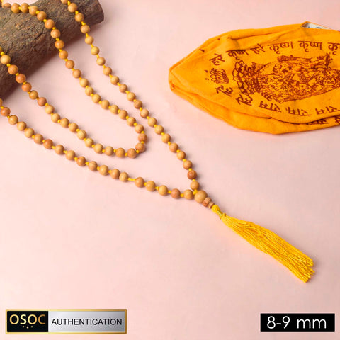 Certified 8-9mm 100% Original Authentic Mysore White Sandalwood (Chandan) yellow thread Jap Mala