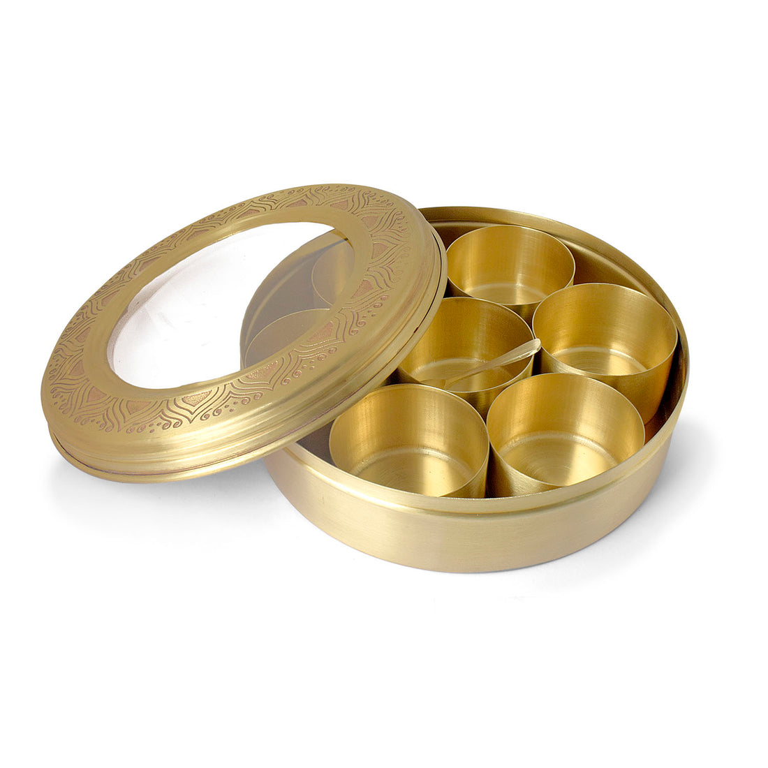 Premium Brass Pooja Samagridaan Set - 7 Containers with Spoon and Glass Lid