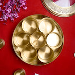 Premium Brass Pooja Samagridaan Set - 7 Containers with Spoon and Glass Lid