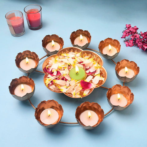 Seher Decorative Metal Lotus Shape Urli with Candle Holder