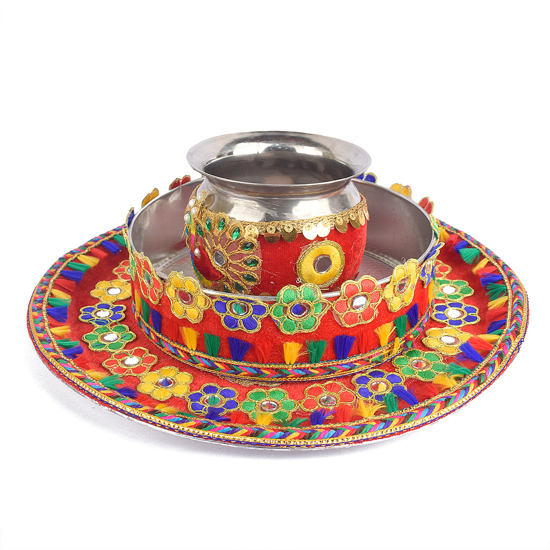 3 Pcs Karwa Chauth Handmade Floral Thali Set