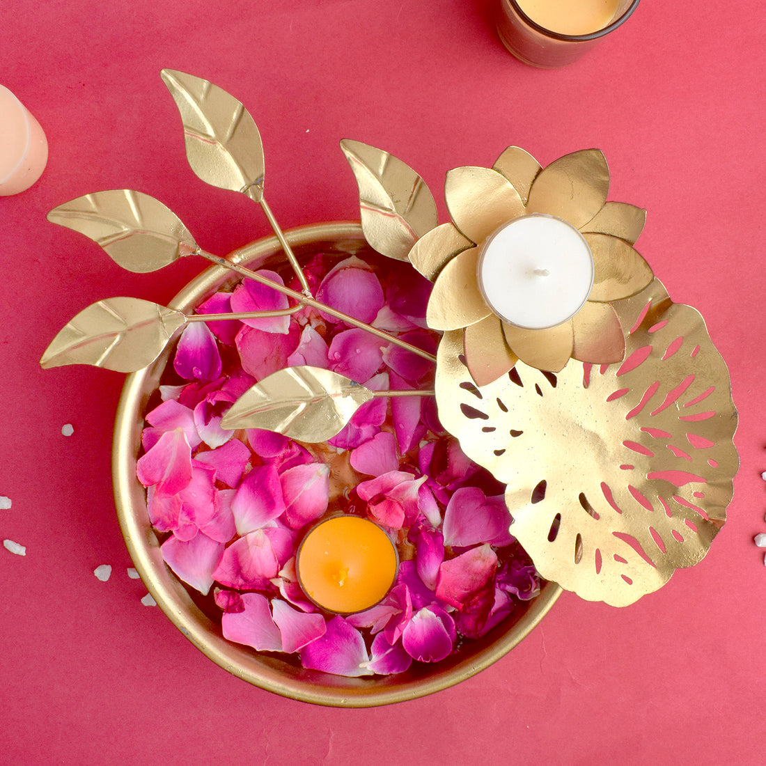 Golden Round Elegant Leaf Stems Brass Urli