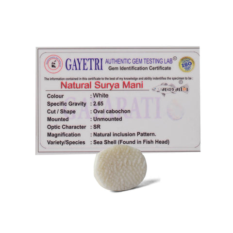 White Surya Mani (Machh Mani) stone placed on a red pooja cloth with diya and sacred items, used for Surya sadhana and spiritual strength. India’s Largest Pooja Accessories Brand - www.satvikstore.in
