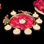 Decorative Metal Peacock Flower Urli with Tea Light – Intricately designed metal urli featuring a peacock flower motif, complete with a tea light holder for spiritual and festive décor. India’s Largest Pooja Accessories Brand – www.satvikstore.in
