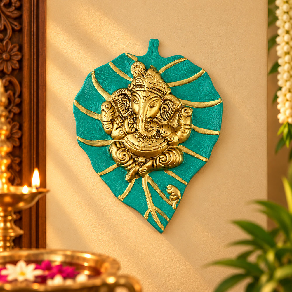 Lord Ganesh on Leaf Patta Wall Hanging - Green