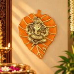 Lord Ganesh on Leaf Patta Wall Hanging - Yellow