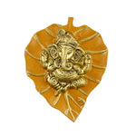 Lord Ganesh on Leaf Patta Wall Hanging - Yellow