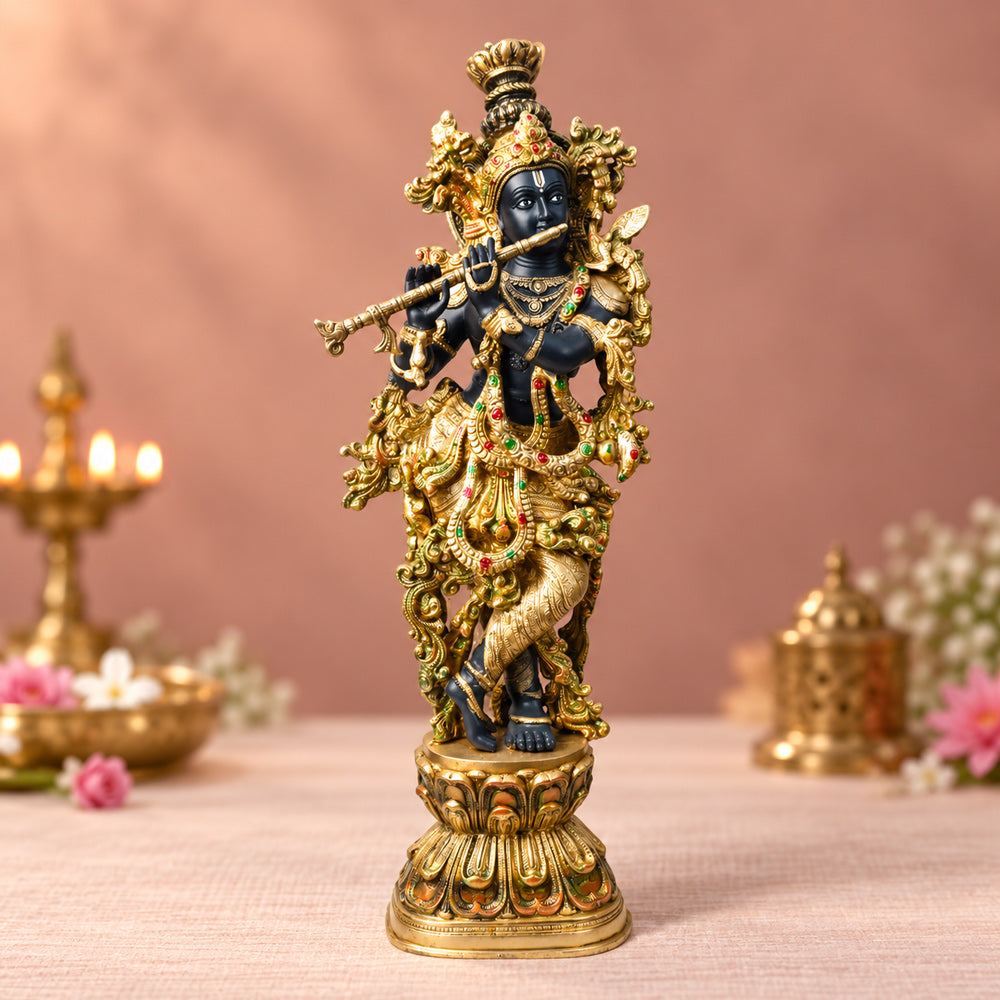 28 Inch Brass Krishna Sculpture with Artistic Detailing