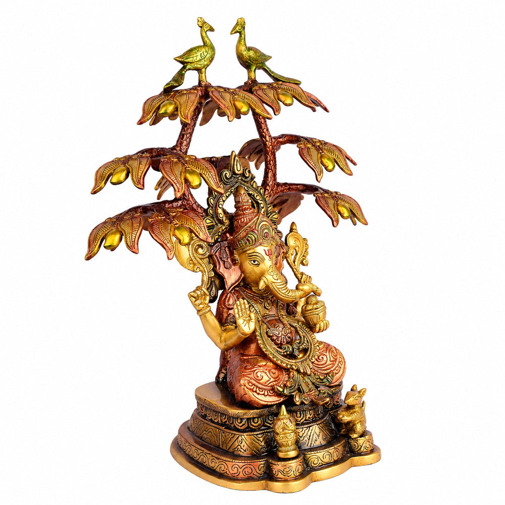 16.5 Inch Lord Ganesha with Peacock Tree Brass Idol