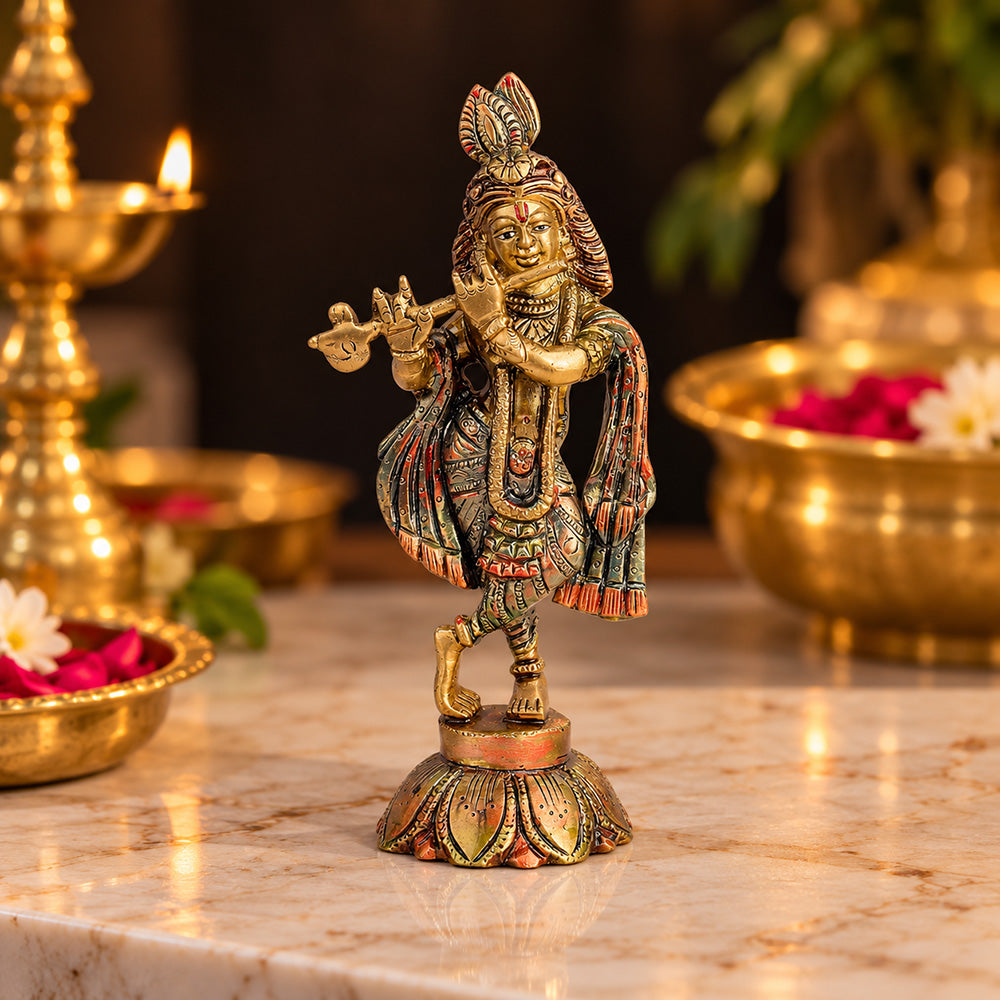 7.5 Inch Lord Krishna Brass Idol with Flute