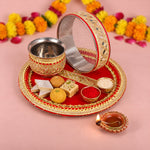 Designer Red Velvet Fabric Karwa Chauth Thali 3 Pcs Set