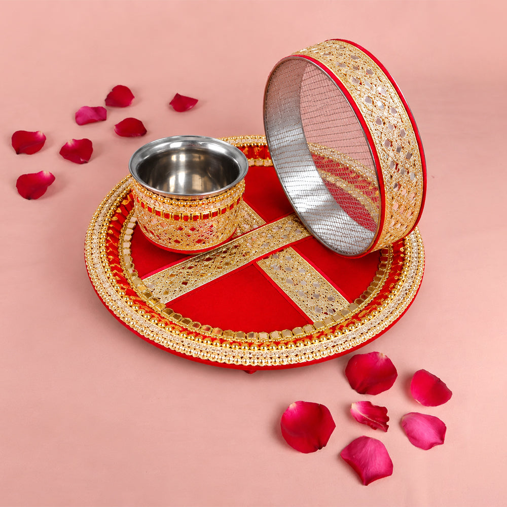 Designer Red Velvet Fabric Karwa Chauth Thali 3 Pcs Set