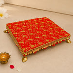 Handcrafted Red Brocade Pooja Chowki with Gold Zari Embroidery