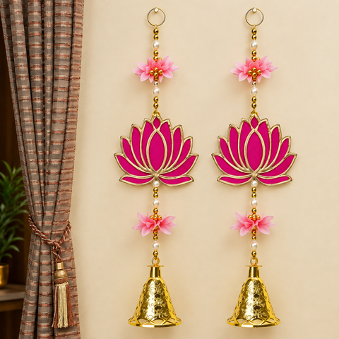 Attractive 1 Tier Lotus with Bells Wall Hanging Backdrop (1Pair Latkans) For Wall Decoration