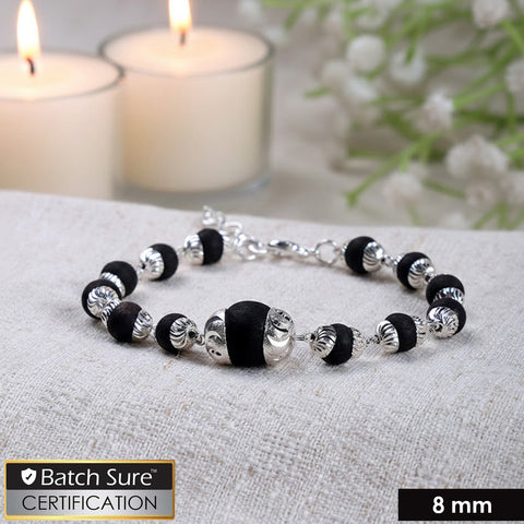 Govt. certified 8mm silver-plated Karungali bracelet featuring a big Karungali bead with polished traditional finish for spiritual and daily wear. India’s Largest Puja Accessories Brand- www.satvikstore.in