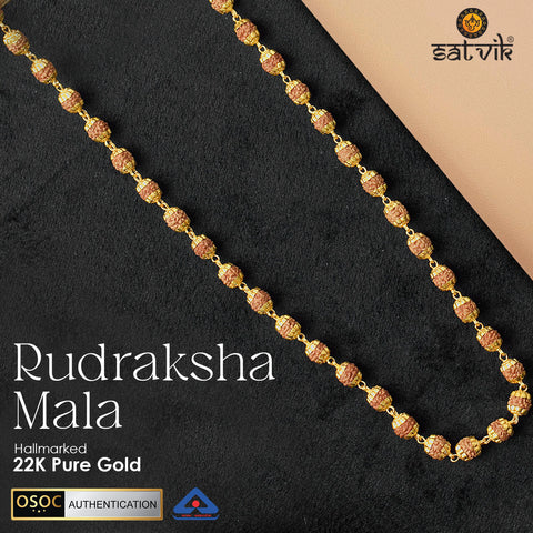 Hallmarked 22K Pure Gold Panchmukhi Rudraksha Mala with divine five-faced beads strung in authentic gold links, symbolizing spiritual power, purity, and prosperity. India’s Premium Rudraksha Jap Mala Store- www.satvikstore.in