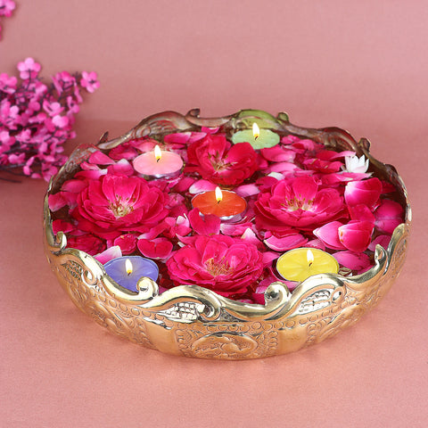 Elegant Floral Design Embossed Brass Urli For Decor