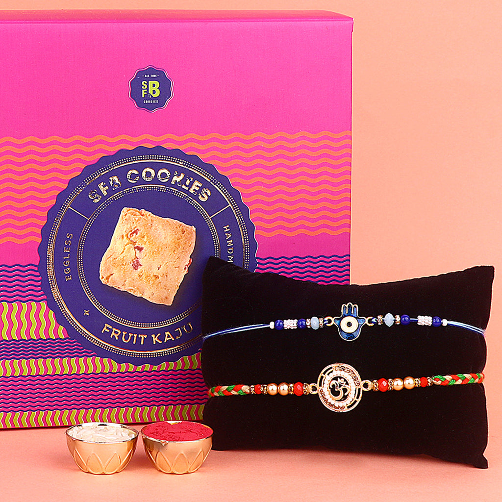 Image of a beautifully designed Rakhi with sweets, the perfect combination of tradition and sweetness for Raksha Bandhan celebration. Shop now at SatvikStore.in. #Rakhi #RakhiOnline #SendRakhi #DesignerRakhi #BeautifulRakhi #LatestRakhi #NewRakhi #ModernRakhi"