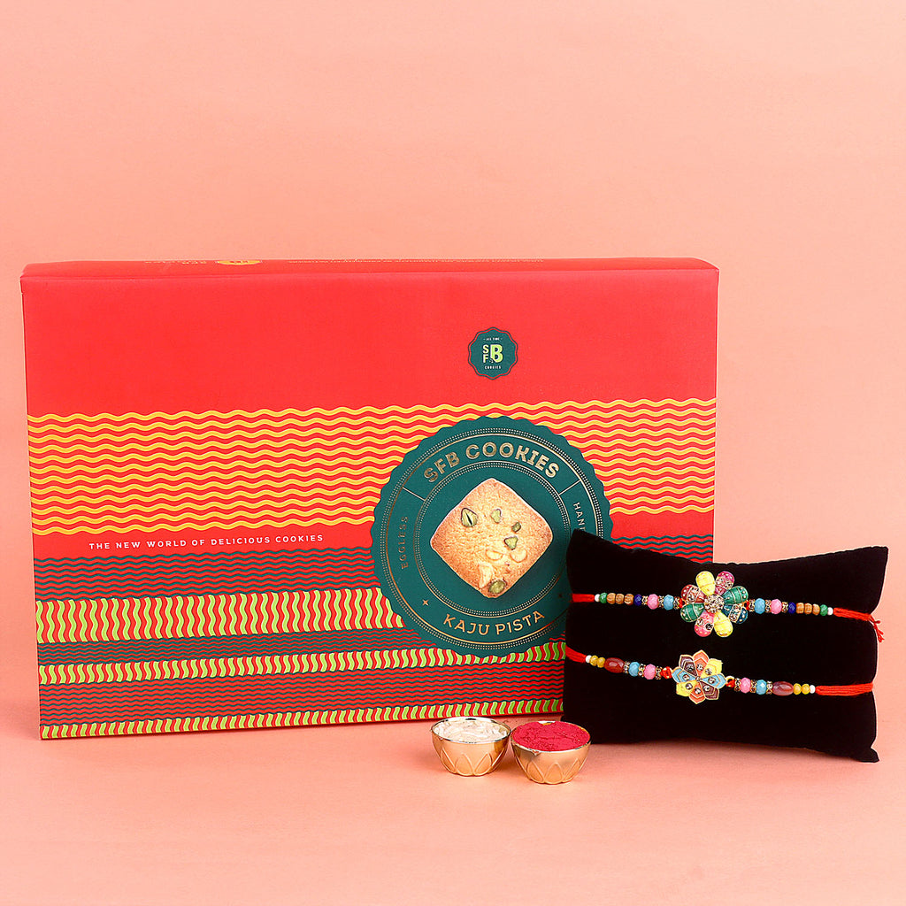 Image of a beautifully designed Rakhi with sweets, the perfect combination of tradition and sweetness for Raksha Bandhan celebration. Shop now at SatvikStore.in. #Rakhi #RakhiOnline #SendRakhi #DesignerRakhi #BeautifulRakhi #LatestRakhi #NewRakhi #ModernRakhi"