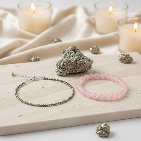 pyrite anklet rose quartz bracelet pyrite stone love wealth positive energy combo. India’s Largest Puja Accessories Brand- www.satvikstore.in