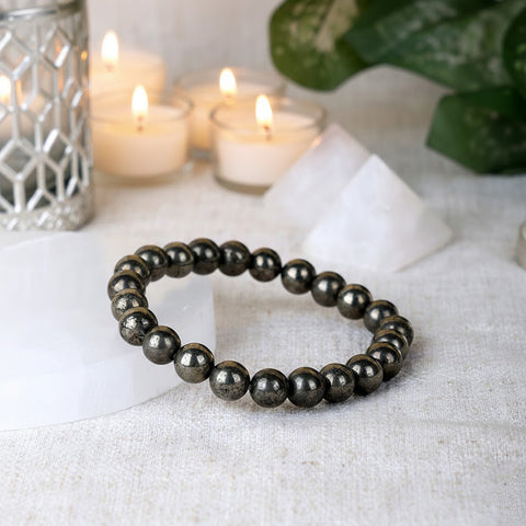 Natural pyrite healing stone bead bracelet with metallic gold 8mm beads. India’s Largest Pooja Accessories Brand - www.satvikstore.in