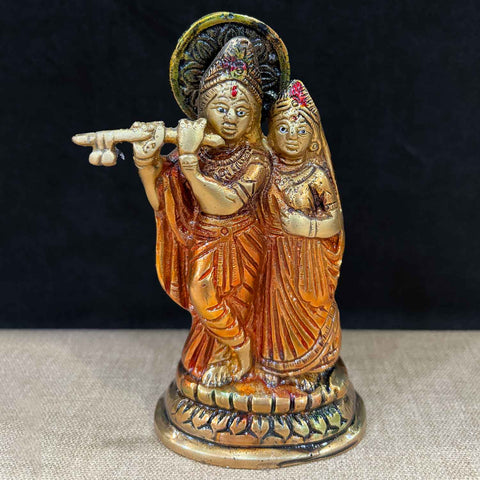 5.3 Inch Radha Krishna Pair Idol in brass with graceful posture and intricate detailing – symbolizing divine love and devotion, perfect for home temple, pooja room, and gifting. No.1 Brass Idol Store www.satvikstore.in 