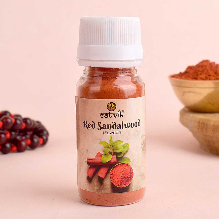 100% Original Andhra Nellore Red Chandan Sandalwood Powder in a traditional container for sacred rituals and skincare use. India’s Largest Pooja Accessories Brand – www.satvikstore.in 