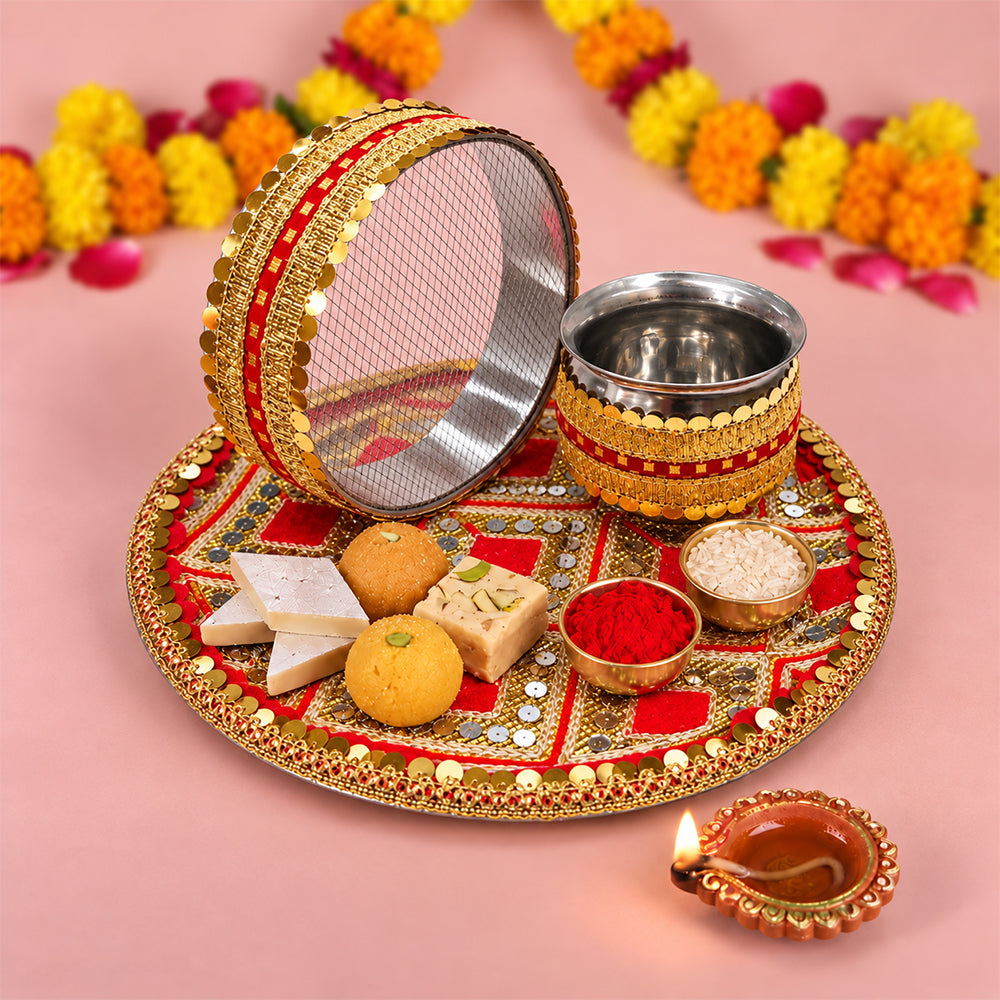 Glowing Reverence Karwa Chauth Thali Set - 3pc