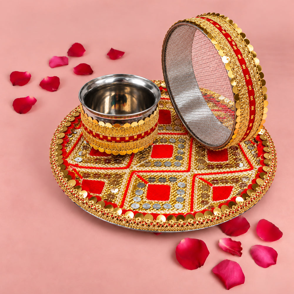 Glowing Reverence Karwa Chauth Thali Set - 3pc