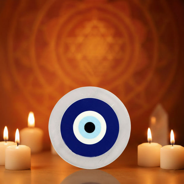 Selenite Plate with Evil Eye Spiritual Protection Tool