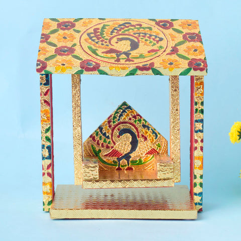 Unique Hut Shape Jhula for Laddu Gopal featuring detailed craftsmanship and a miniature hut roof, ideal for Janmashtami and pooja décor. India’s Largest Pooja Accessories Brand – www.satvikstore.in