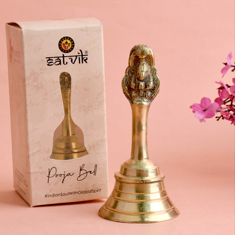 Vishnu Brass Puja Bell featuring intricate carvings of Lord Vishnu, perfect for temple rituals and spiritual ceremonies. 
India’s Largest Pooja Accessories Brand – www.satvikstore.in
