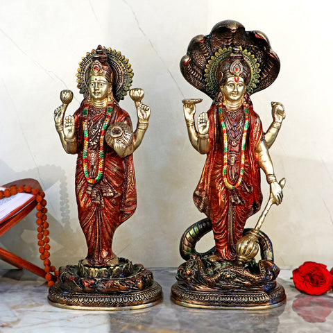 15.5 Inch Graceful Lord VIshnu with Maa Lakshmi Statue. Brass Laxmi Narayan Idol