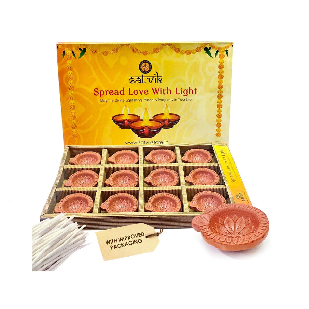 Designer Earthen Clay Diya 12 Pc Set (Floral) Puja Store Online Pooja Items Online Puja Samagri Pooja Store near me www.satvikstore.in