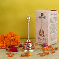 Om Swastik Brass Puja Bell in red finish, featuring sacred symbols and a traditional design for spiritual rituals and aarti ceremonies. India’s Largest Pooja Accessories Brand – www.satvikstore.in